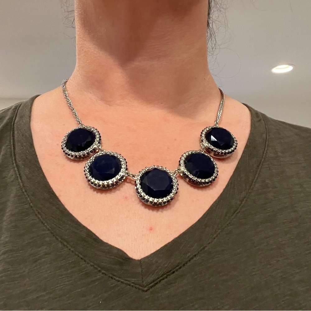 Chunky Silver Necklace with 5 Blue Enamel Round Pendants